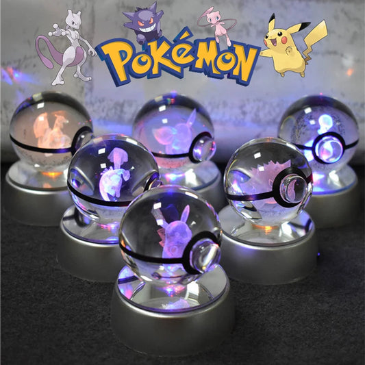 Pokemon 3D Crystal Ball Pikachu Gengar Mew Mewtwo Figurines Lamp Base Pokeball 3D Pokemon Glass Ball Statue Kids Birthday Gift